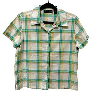 LEMON GRASS STUDIO Women’s Pastel Plaid Button Up Short Sleeve Blouse, Small